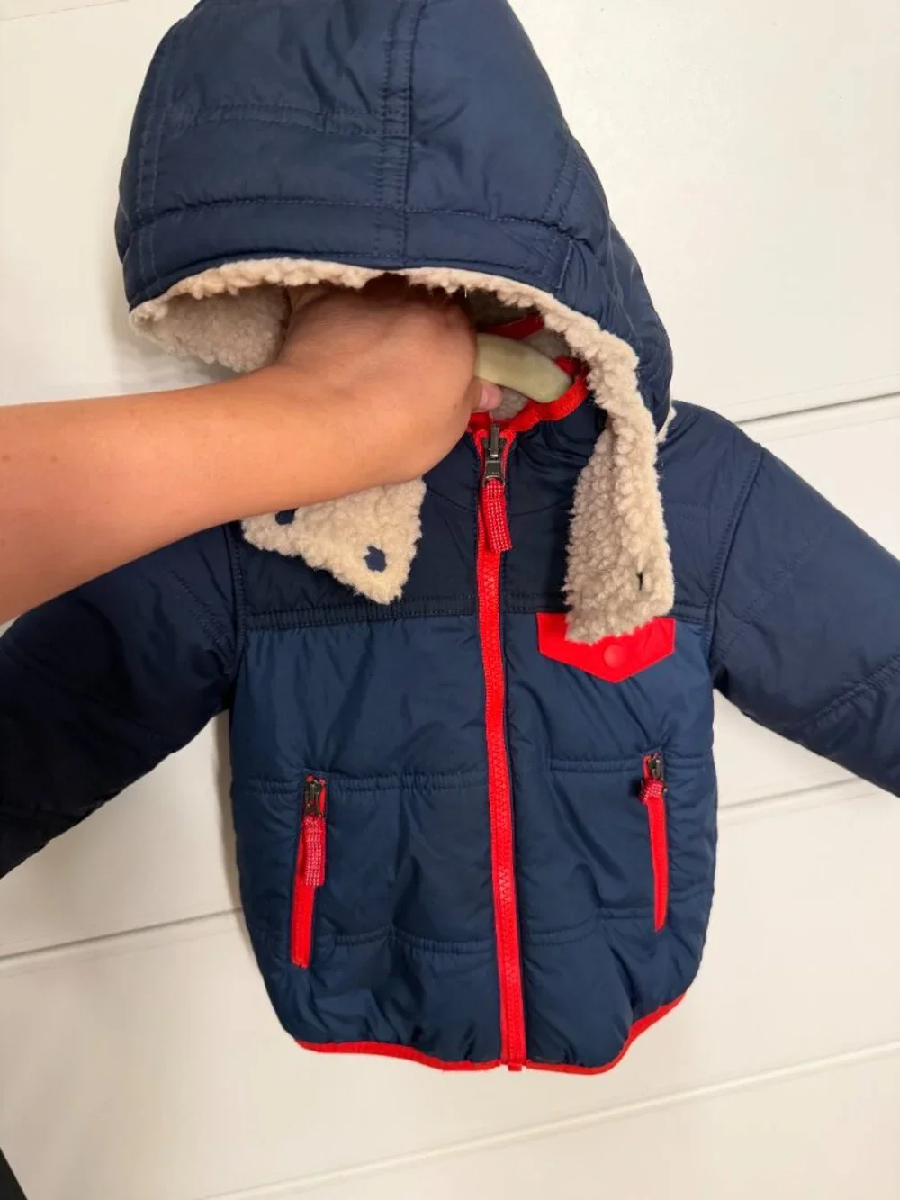 Patagonia Baby Reversible Tribbles Hooded Jacket Navy Red, Size 12 - 18M